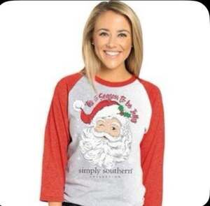 Simply Southern Woman's Raglan Style Gray/Red Small Jolly Santa Holiday, Sz M